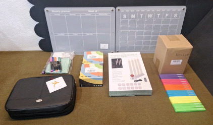 (1) Christian Art, BiFold Foux Leather Organizer / Bible Cover, Black, 7" x 10-1/2" x 2-1/2", (1) Acrylic Monthly Planner Dry Erase Board Set, (2) 4-Piece Spiral Candle Sets (1) 4-Piece LED Candle 9" Taper Set, White & (1) 120-Count Box Of Mixed Color Hig