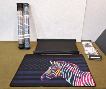 (2) Hampton Bay 2 x 3 Foot Indoor/ Outdoor Flat Woven Throw Rug, (1) Black (1) Blue, (1) Wall Mounted Retractable Drying Net 22"L x 15"W, (1) Wall Mounted Dish Rack 18"L x 6"W & (1) Stove Top Cover Mat