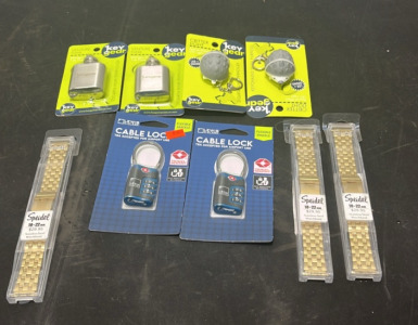 (3) Seidel 18-22mm Stainless Steel Watchbands (2) Cable Locks (2) Critter Lights (2) 1oz Stainless Steel Venture Flasks