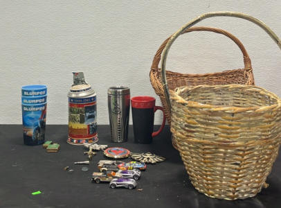 (3) Collectible Halo Cups (1) Busch Historical Wars Series World War II Stein (2) Coffee Cups (3) Badges (1) US Army Lighter (2) Wicker Baskets & More