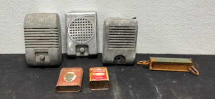 (3) Speaker Boxes (1) Measuring Tool (1) Vintage Poultry Seasoning Container (1) Vintage Pringe Albert Tabacco Can