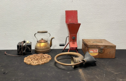 (1) Grinder (1) Porta Check File Box (1) Instrument (1) Tea Kettle (1) Wood Pan Holder (1) Franz Metronome