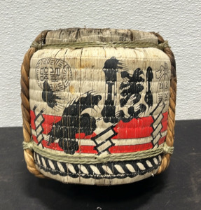 (1) Japanese Ceramic Bamboo Reed Rope Wrapped Corked Spout Sake Daru Cask Dispenser