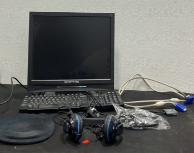 (1) Sceptre Monitor (1) Dell Keyboard (1) Mousepad (2) Pairs of Headpgones (2) Cords (2) Dell Speakers (1) Computer Camera