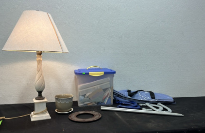(1) Marble Lamp (1) Horseshoe Game (1) Container of Sewing Supplies (1) Flower Pot w/ Holder