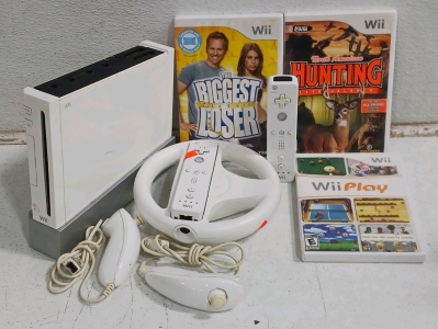 (10) Nintendo Wii Gaming Lot - (1) Console (2) Controllers (2) Nunchuks (1) Wii Wheel (1) Sensor (3) Games