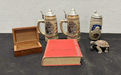 (2) Budweiser Steins (1) Texas Renaissance Festival Stein (1) Floral Jewlery Box (1) Tortoise Statue (1) High School Dictionary