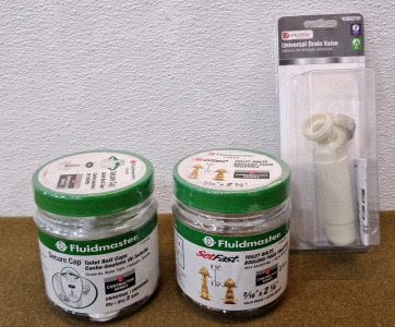 (1) Fluidmaster Set-Fast Toilet Bolt Set 5-Pack, (1) Fluidmaster Toilet Bolt Cap Set 5-Pack & (1) Utilitech Universal Drain Valve