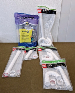 (1) 1-1/4" Snappy-Trap All In One, Single Bowl Bathroom Sink Drain Kit, (1) 1-1/4" Oatey S-Trap, (1) 1-1/4" Oatey 12" Extension Tube, (1) 1-1/4" Oatey 6" Extension Tube & (2) 1-1/4", Oatey P-Traps