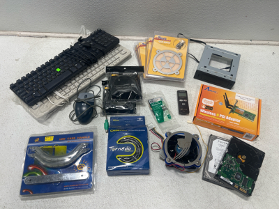 Assorted Computer Fans And Hard Drives- Keysboards, Wireless N PCI Adapter And More