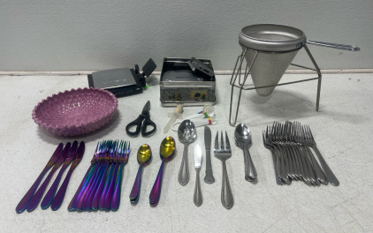 (1) Vintage Aluminum Cone Shaped Food Strainer, Assorted Kitchenware Rainbow Silverware And More