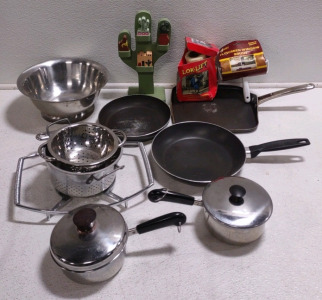 (2) 1Qt. Small Cooking Pots, (2) Frying Pans, (1) Square Flat Top Pan, & More Kitchenware