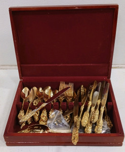 (1) Gold-Plated Flatware Set w/ Wooden Storage Case