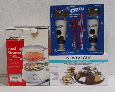 (3) Kitchen & Dessert Makers - (1) Magic Chef Food Steamer (1) Oreo Milkshake Gift Set (1) Nostalgia Electric S'mores Maker