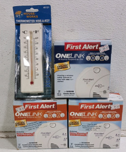 (4) Home Safety Devices - (3) First Alert ONELINK Smoke & CO Alarms (1) Thermometer Hide-A-Key