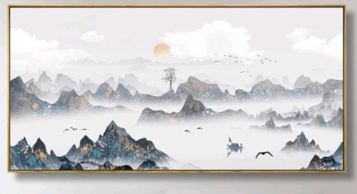 (1) Framed Modern Canvas Wall Art , Watercolor Mountain / Outdoor Landscape 60"L X 30"H