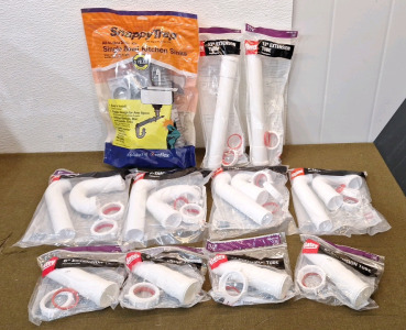 (1) 1-1/2" Snappy-Trap All In One, Single Bowl Kitchen Sink Drain Kit, (2) 1-1/2" Oatey 12" Extension Tubes, (4) 1-1/2", Oatey P-Traps, & (4) 1-1/2" Oatey 6" Extension Tubes
