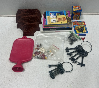 Collection of (14) Various Books, Bag (20+) of Dice, Super Bang Cap Pistol, (2) Sets of Replica Metal Keys, Tin of Assorted Marbles, and More