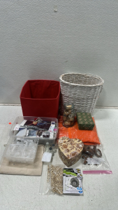 Collection of Various Arts & Crafts Supplies, (1) Bag of Small Sea Shells, (3) Different Size Stainless Steel Drain Strainer, (1) Cloth Bin, (1) Wicker Basket