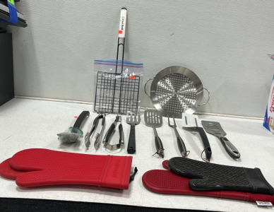 Collection of Various Cooking Utensils Including: Char-Broil Handle Grill, Perforated Pan, (3) Tongs, (4) Spatulas, (4) Cooking Mits, and More