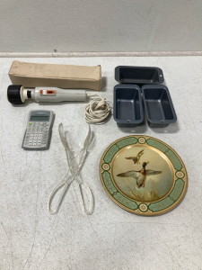 Vintage Sanyo Massager w/Case, TI-30x Calculator, (3) Small Bread Pans, Duck Plate, Salad Utensil