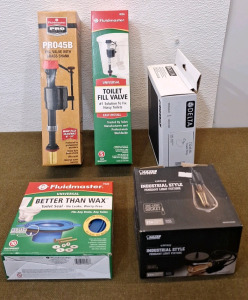 (1) Fluidmaster PRO45B Fill Valve W/ Brass Shank & Adjustable Ballcock, (1) Fluidmaster 400A Fill Valve W/ Adjustable Ballcock, (1) Fluidmaster Universal Toilet Seal, (1) Vintage Industrial Style Pendant Light Fixture, MatteBlack & (1) Delta Towel Ring ,