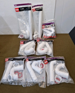 (1) 1-1/2", Oatey S-Trap, (1) 1-1/2", Oatey 15" Waste Arm, (1) 1-1/2", Oatey Insta-Plumb P-Trap, (2) 1-1/2", Oatey Form N Fit P-Traps & (3) Oatey 1-1/2" P-Traps