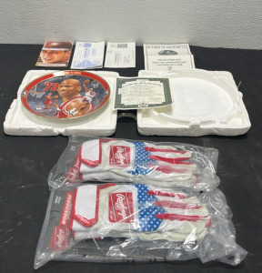 (1) Michael Jordan &ldquo;Record 72 Wins&rdquo; Collectible Plate (2) Pairs of Rawlings Batting Gloves [Adult Medium]