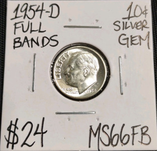 1954-D MS66FB Full Bands Gem Silver Dime