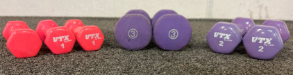 (2) 3Lb Dumbells, (2) 2Lb Dumbells, (3) 1Lb Dumbells