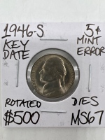 1946-S MS67 Key Date Mint Error Nickle