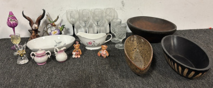China Dishes, Wine Glasses, & Various Decorative Pieces