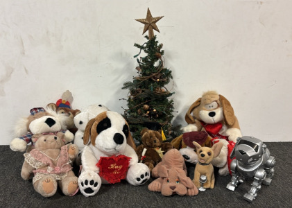 Mini Christmas Tree & Large Assortment of Stuffed Animals