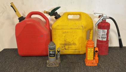TWO (2) 4 ton Hydraulic Bottle Jacks, Gas & Diesel Cans, & Fire Extinguisher