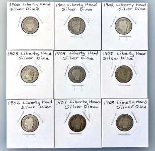 (9) Vintage Liberty Head Silver Dimes (Dated In Order From 1900-1908)
