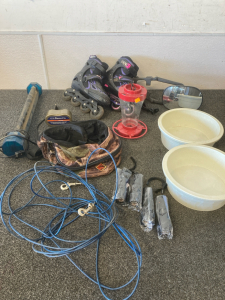 Rollerblades, dog bowl and chain and more