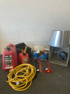 Aluminum steel sheets 10 inches wide 40+ feet 5 gallon gas tank 1 gallon gas tank 3 inch screws, construction extension cord 10+feet
