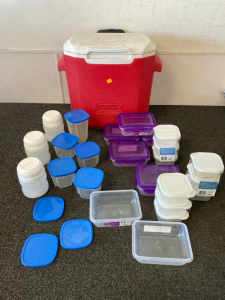 Coleman cooler and 24 Tupperware pieces