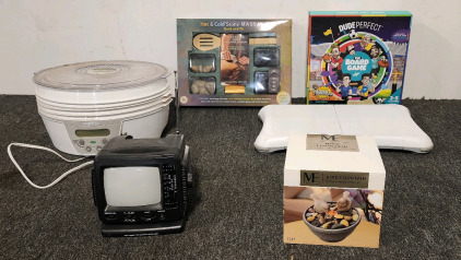 Presto Dehydro Food Dehydrator, Wii Balance Board, Modern Expressions Bird Fountain,Hot And Cold Stone Massage Kit, And Dude Perfect The Board Game, And Mini Persinal Radio/TV
