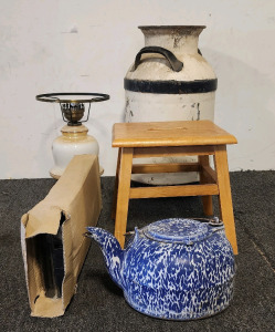 Vintage Wrought Iron Range Co Blue Cobalt Iron Kettle, Shoe Rack, Wooden Stool, Lamp, and Vintage Milk Container.