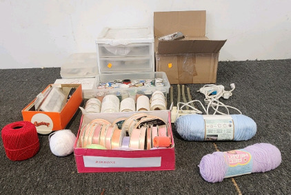 Crafting Craze Lot! Boxes Of Yarn, Thread. Buttons, Leather Working Tools, Glue Gun, And More!