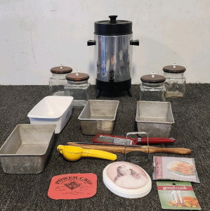 Empire Wizard 42-Cup Electric Coffee Percolator, Jars, Bread Pans, And A Box Of Other Kitchen Ware!