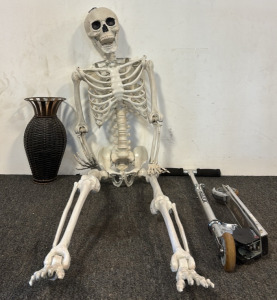 Razor Scooter, Posable Skeleton, & Woven Vase