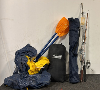 Inflatable Paddle Board, Fishing Rods, Folding Chair, & Coleman Sleeping Bag