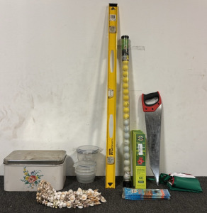 Saw, Stanley ProI-Beam, Tube of Golf Balls, Fishing Rods & More