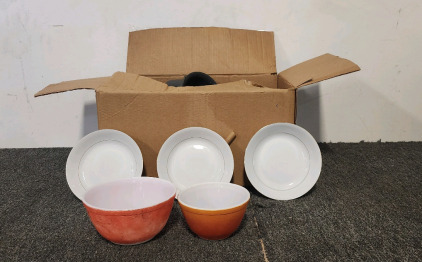 Vintage PYREX Mixing Bowls, Sakura Gold Trimmed Plates, and Box of Various Bowls Cups And Silverware