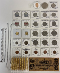 Collectible Coins / Dollar Bill, Silver Plated Chains, Gold Flakes, (4) One Gram Pieces of Silver