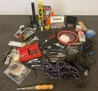Lots Of Tools & Parts Including Flashlights, Leveler, Saw Blades, Drill Bits & More