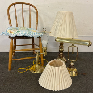 (3) Lamps, Wooden Chair