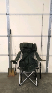 Camping Chair, Shovel, and Fishing Rods